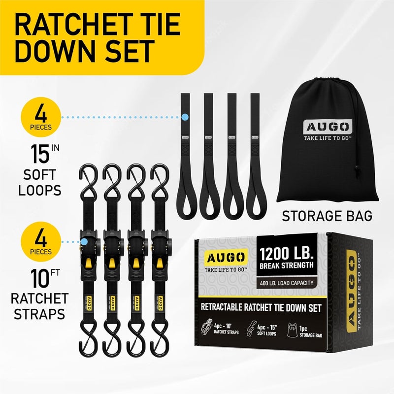 AUGO Retractable Ratchet Straps | 4 Heavy Duty Ratchet Straps Self Retractable Tie Down Straps with Soft Loops & Storage Bag for Motorcycle, Truck, Trailer, Cargo Van | 1200 Lb Break Strength 1” x 10’ - Image 4